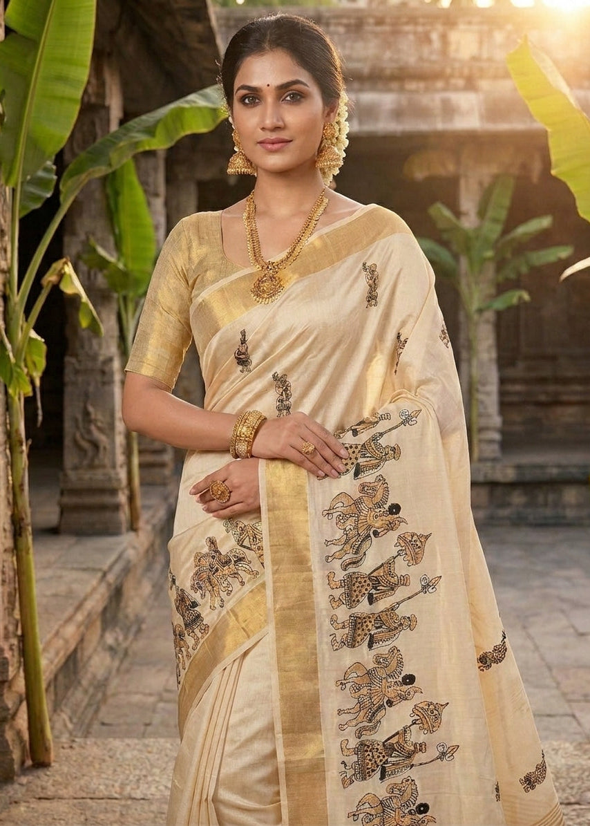 Cream Pure Aasami Silk Saree with Zalar Pallu