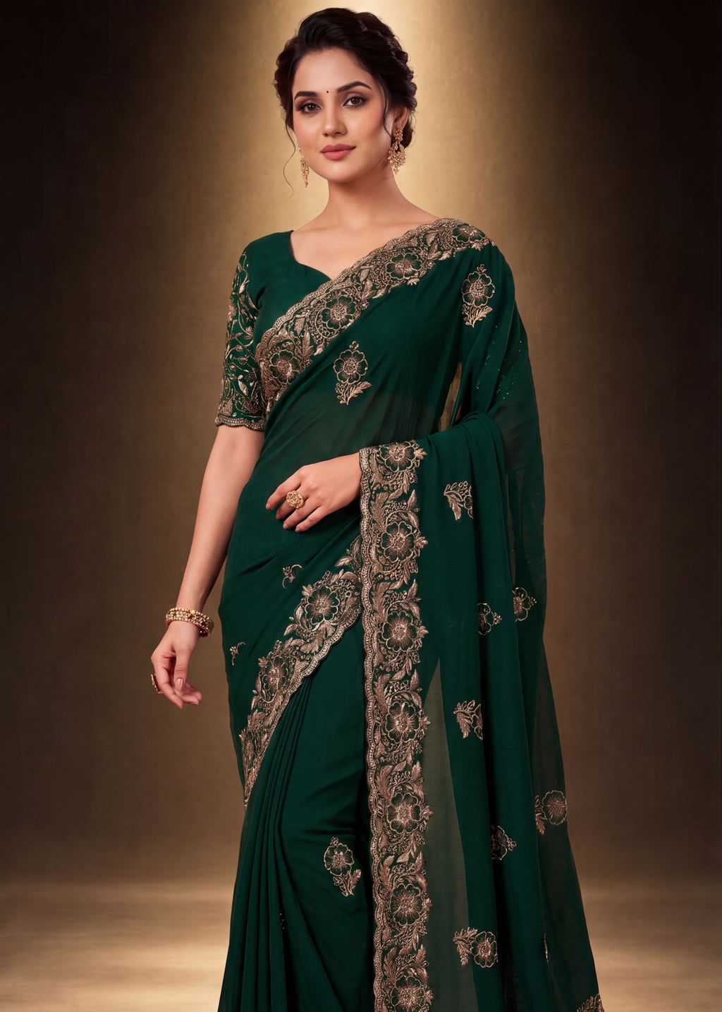 Graceful Emerald Chiffon Embroidered Saree