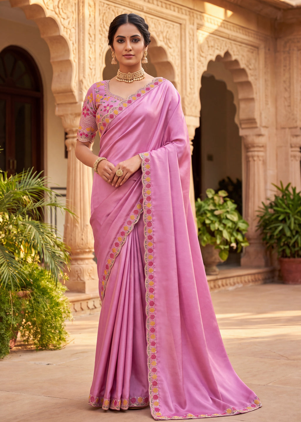 Floral Embroidered Saree with Scalloped Border