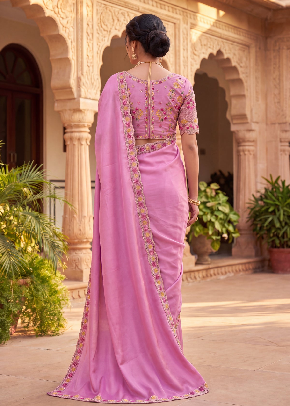 Floral Embroidered Saree with Scalloped Border