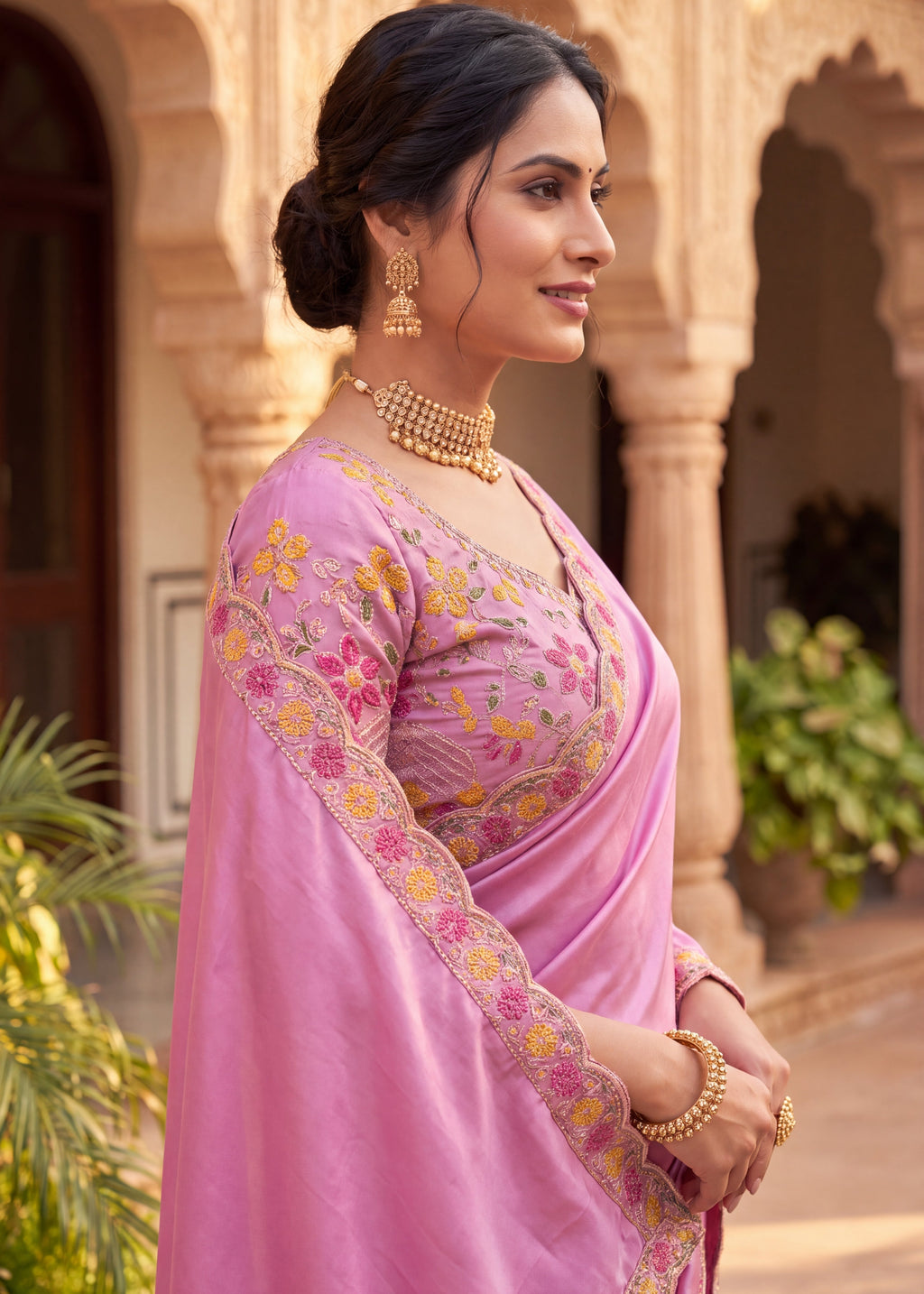 Floral Embroidered Saree with Scalloped Border