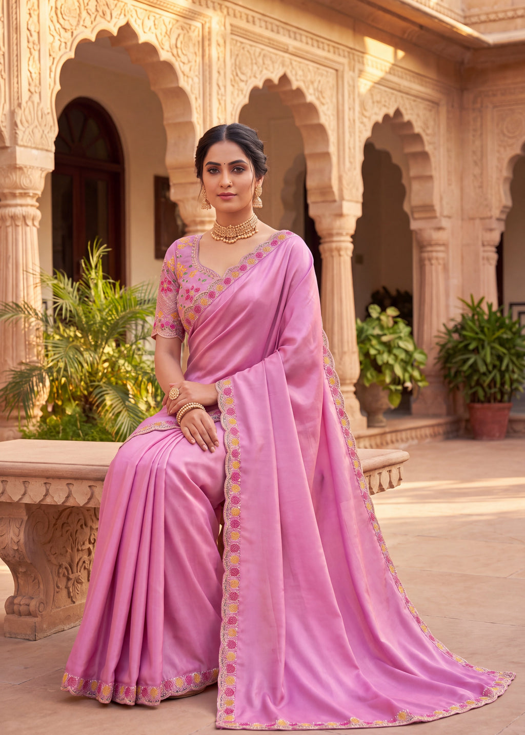 Floral Embroidered Saree with Scalloped Border