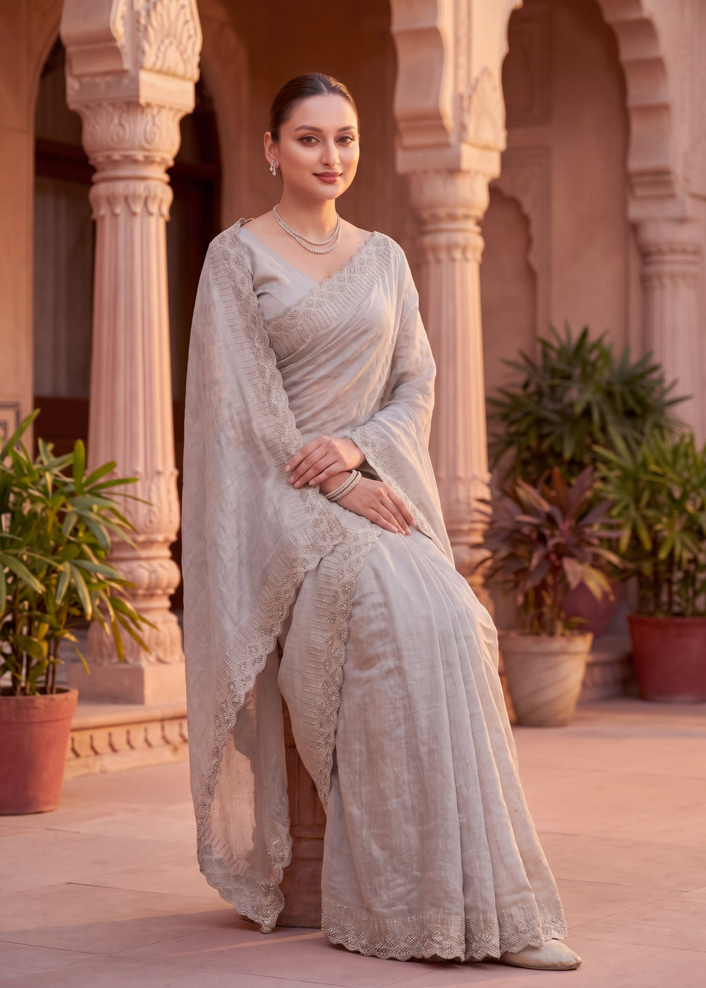 Pearl-Embellished Scalloped Border Saree
