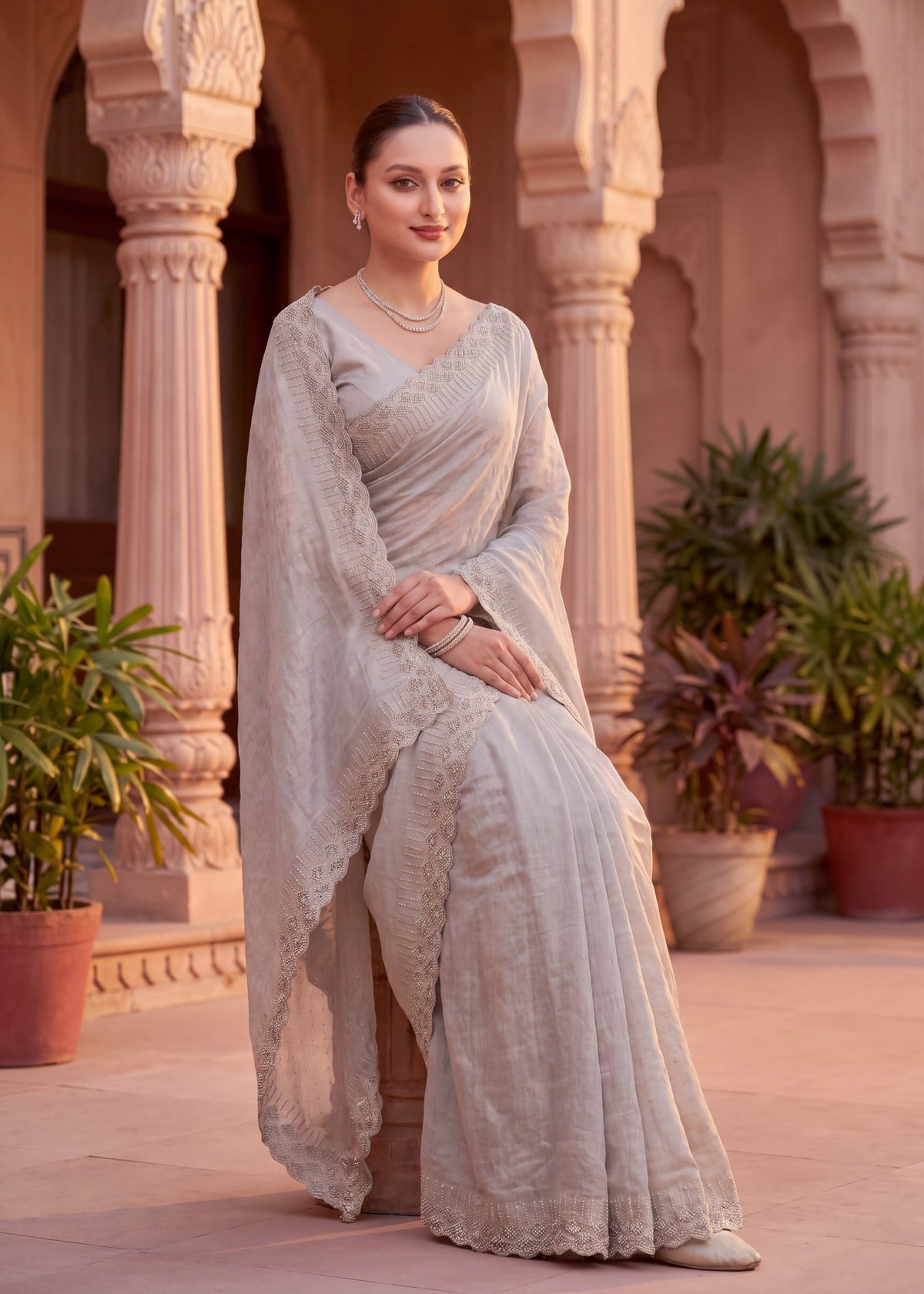 Pearl-Embellished Scalloped Border Saree