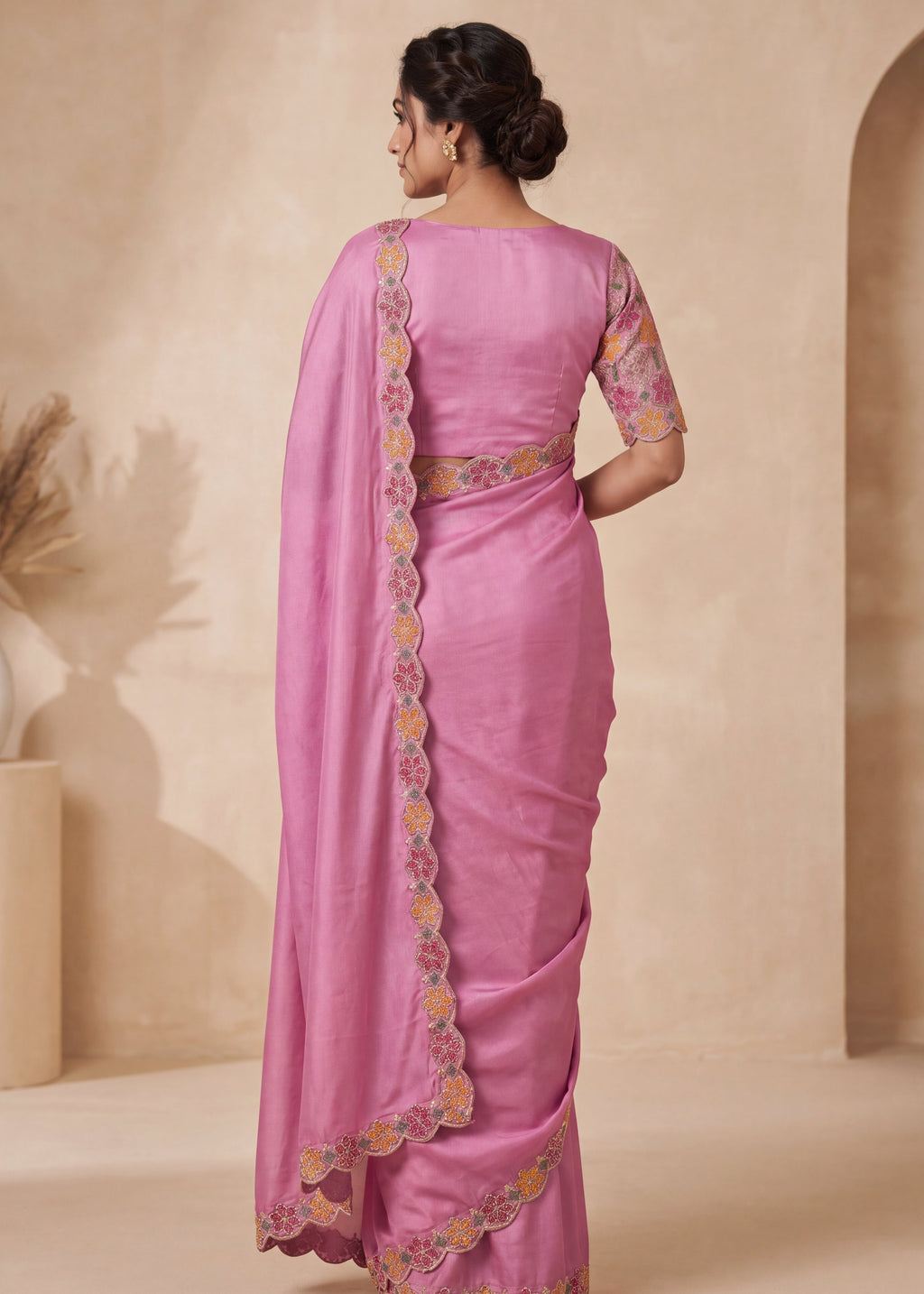 Premium Multicolour Embroidered Satin Saree