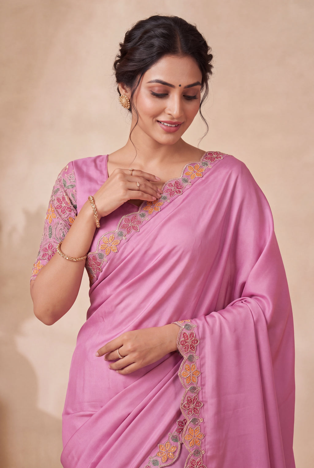 Premium Multicolour Embroidered Satin Saree