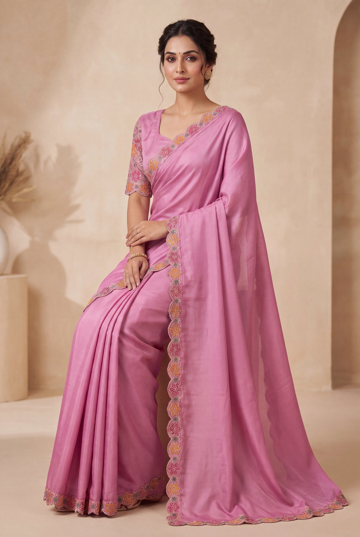 Premium Multicolour Embroidered Satin Saree