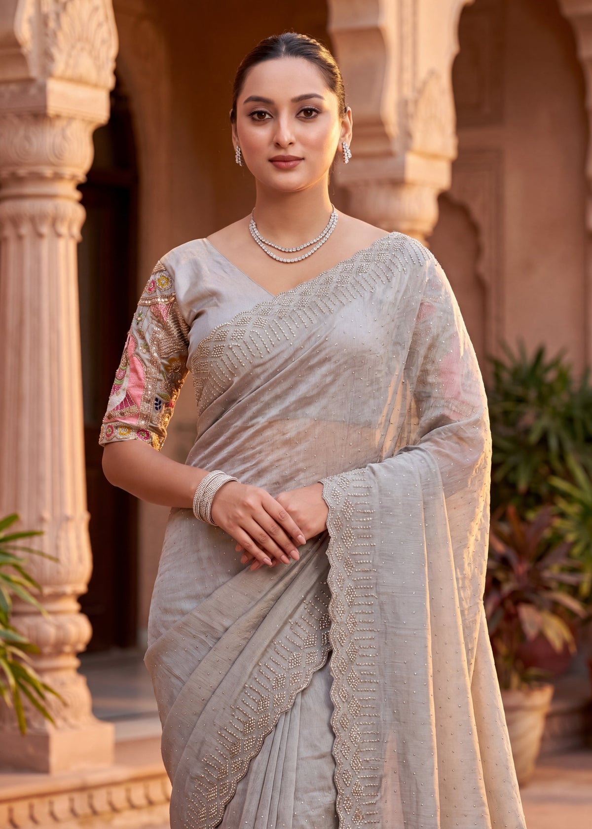 Pearl-Embellished Scalloped Border Saree
