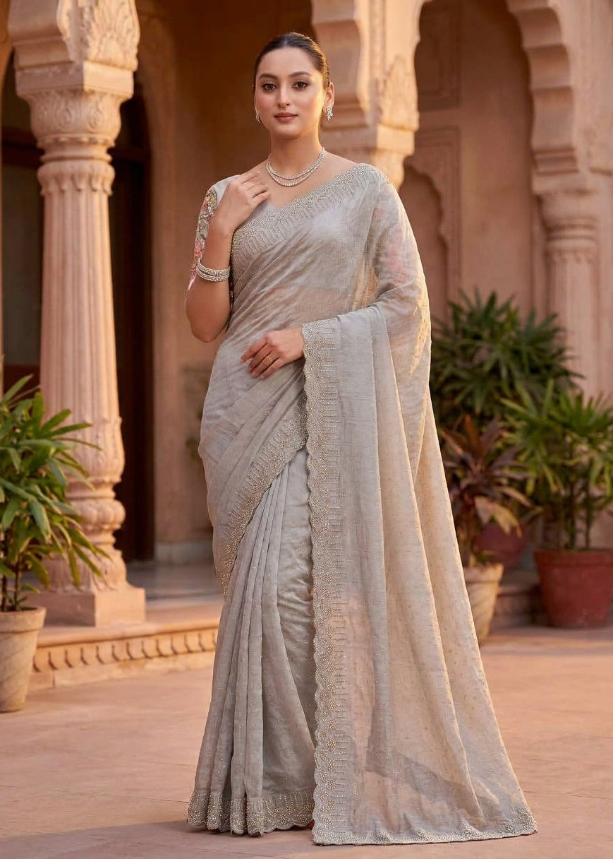 Pearl-Embellished Scalloped Border Saree