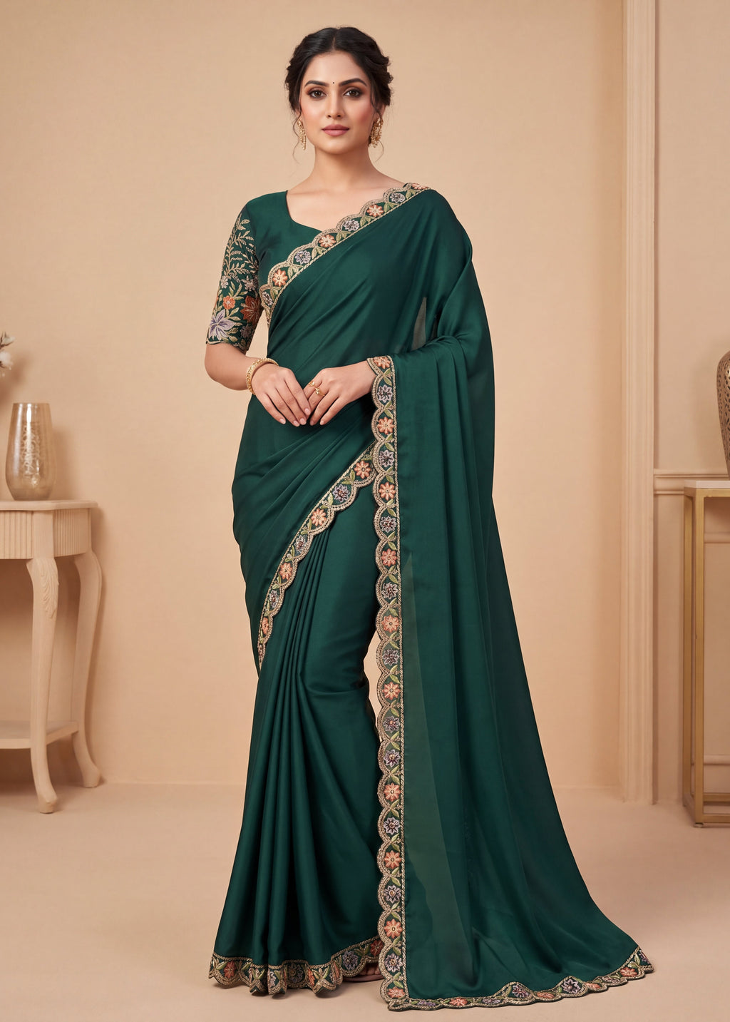 Heritage Floral Embroidered Satin Saree