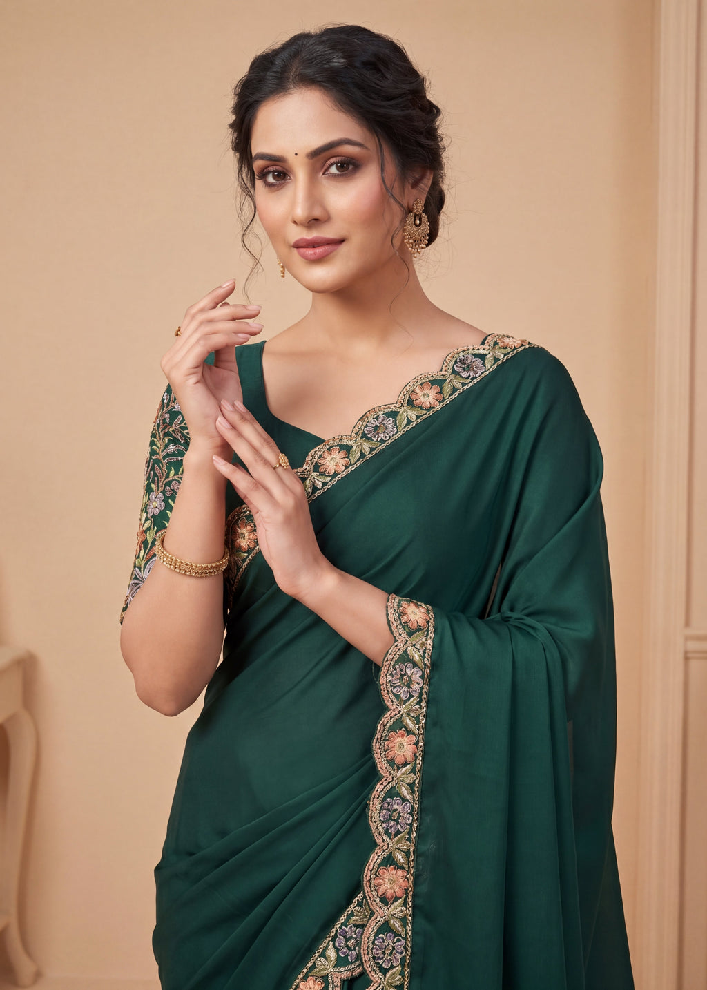 Heritage Floral Embroidered Satin Saree