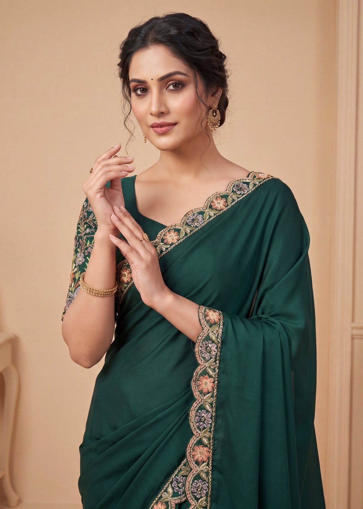 Heritage Floral Embroidered Satin Saree