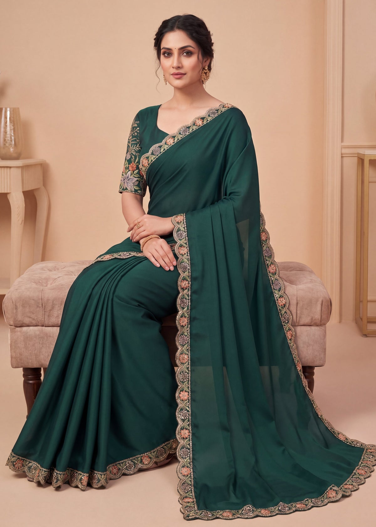 Heritage Floral Embroidered Satin Saree