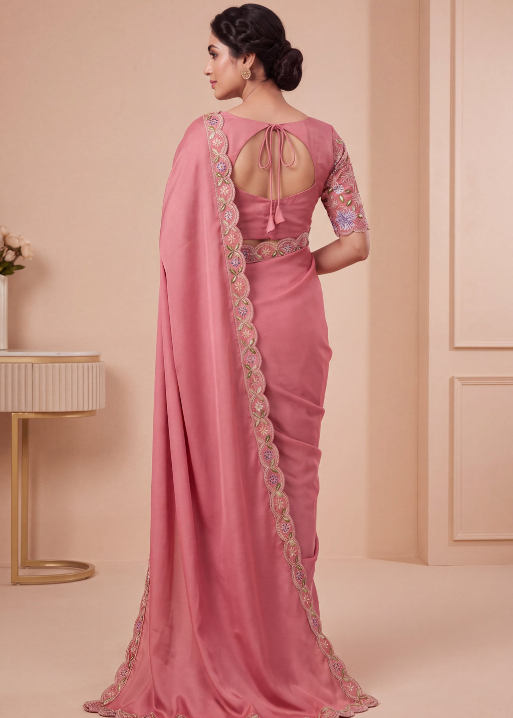 Designer Floral Embroidered Satin Saree