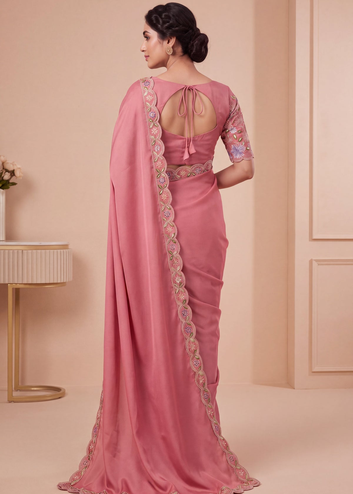 Designer Floral Embroidered Satin Saree