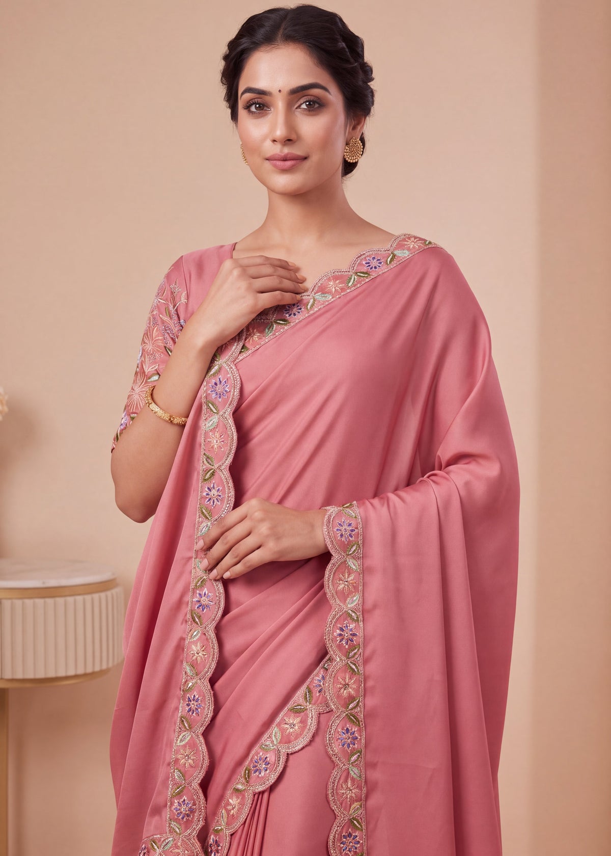 Designer Floral Embroidered Satin Saree