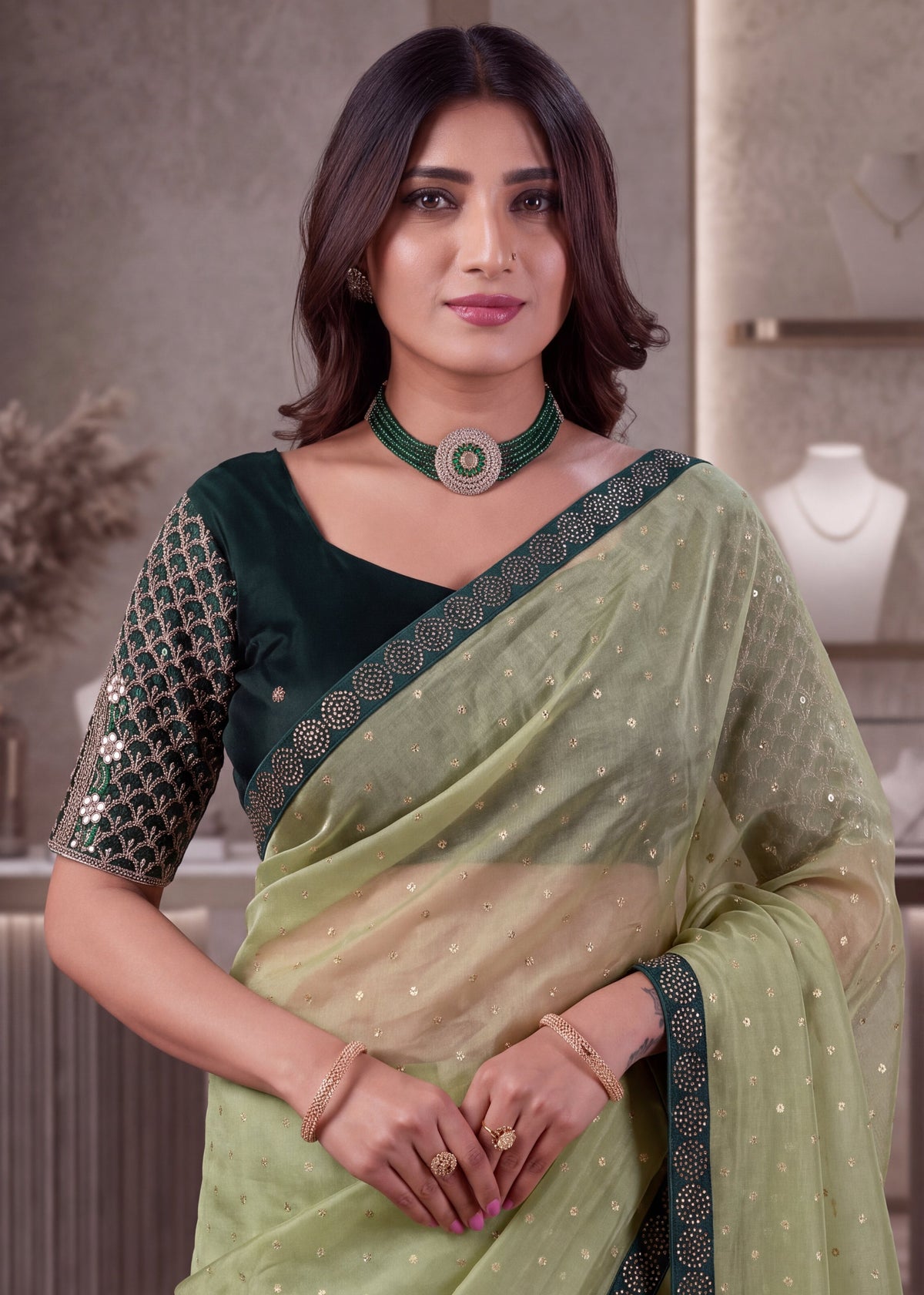 Heavy Sequin Embellished NC Moss Butti Saree