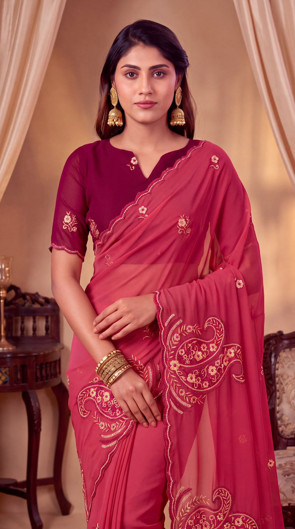 Festive Paisley Embroidered Georgette Saree