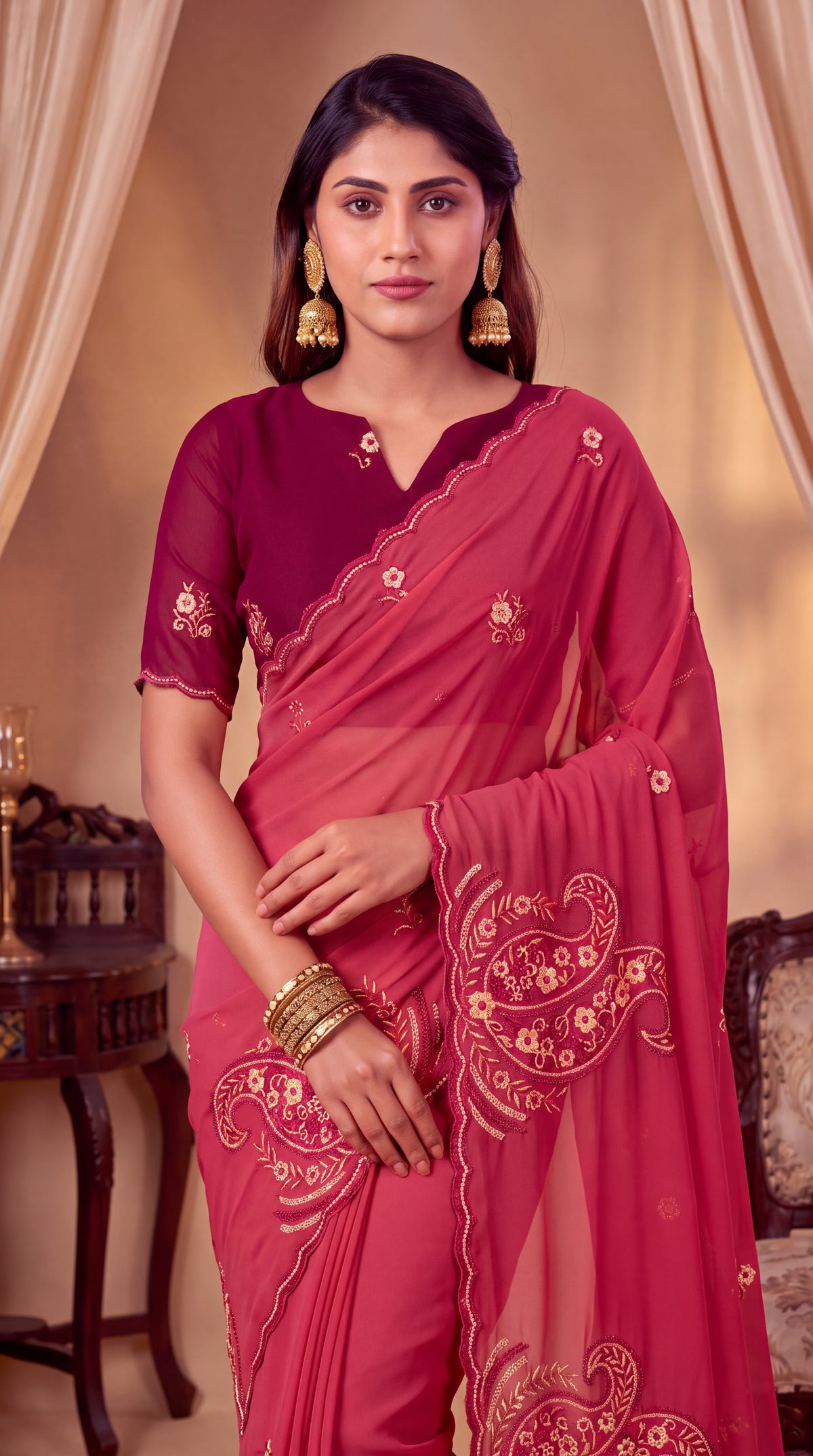 Festive Paisley Embroidered Georgette Saree