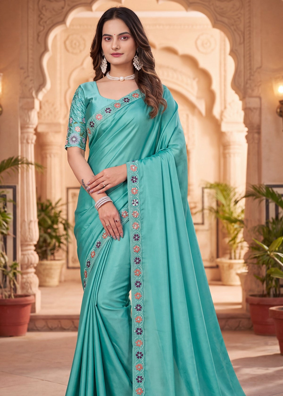 Festive Floral Satin Embroidered Saree