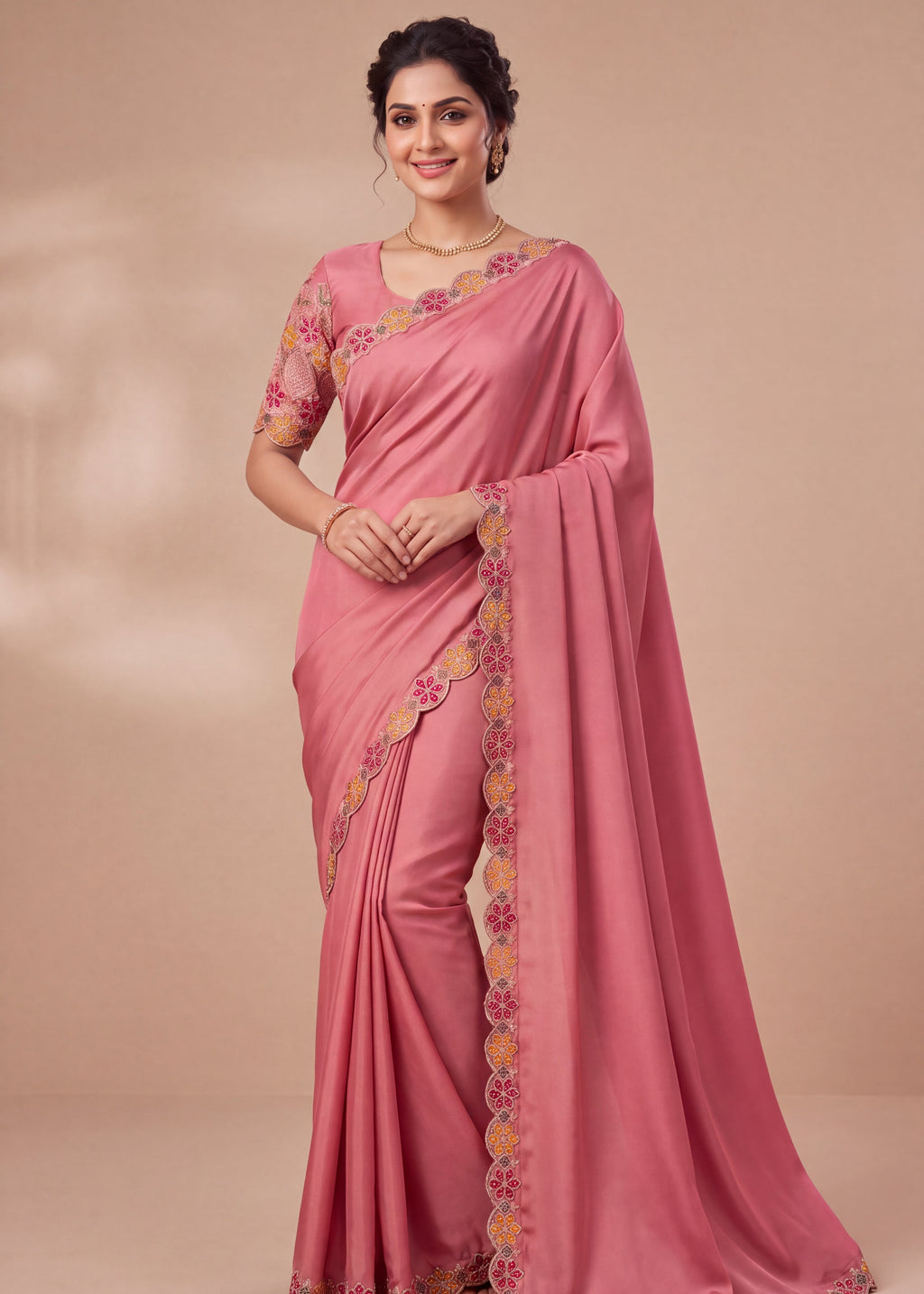 Designer Luxe Multicolour Embroidered Satin Saree