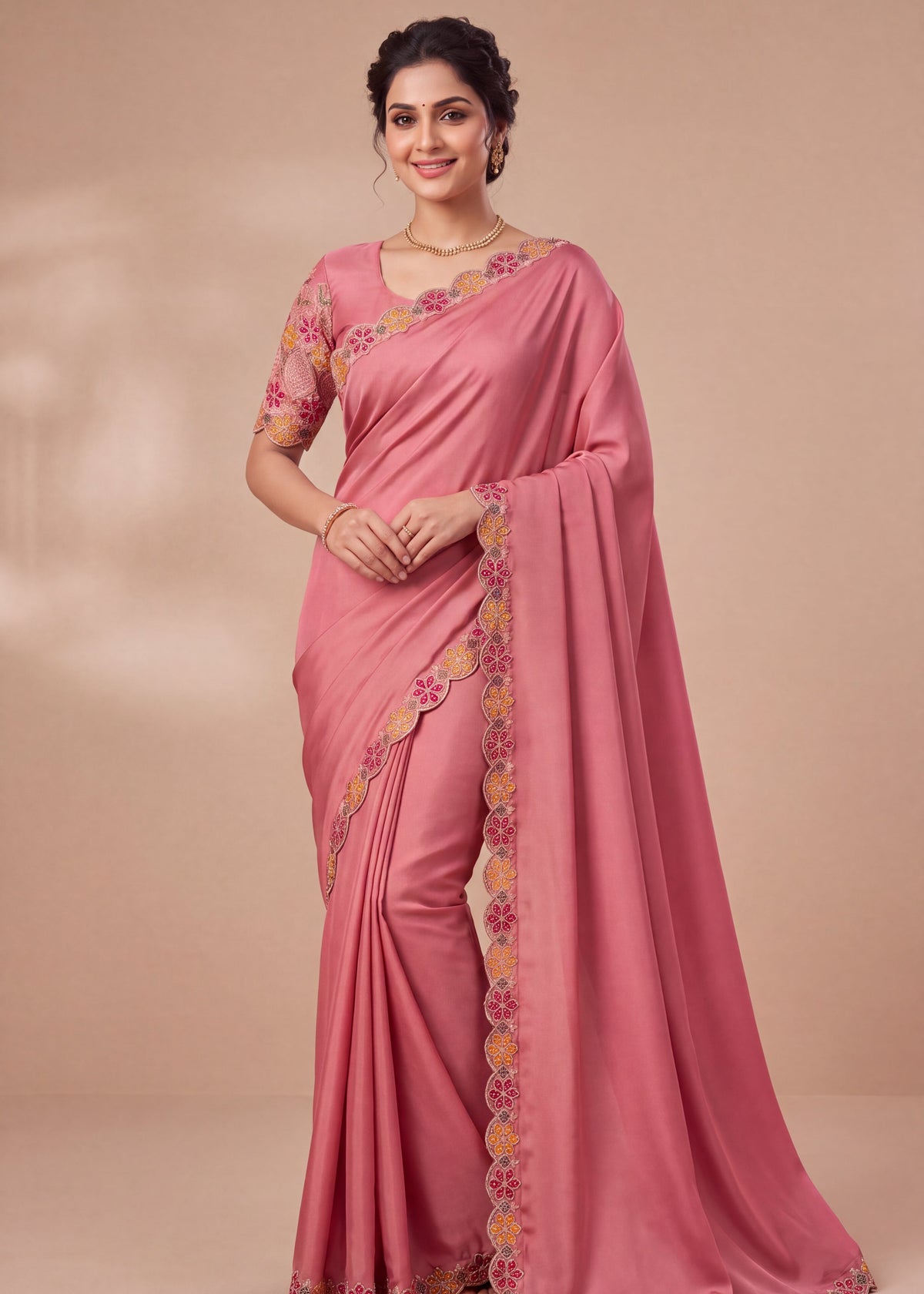 Designer Luxe Multicolour Embroidered Satin Saree