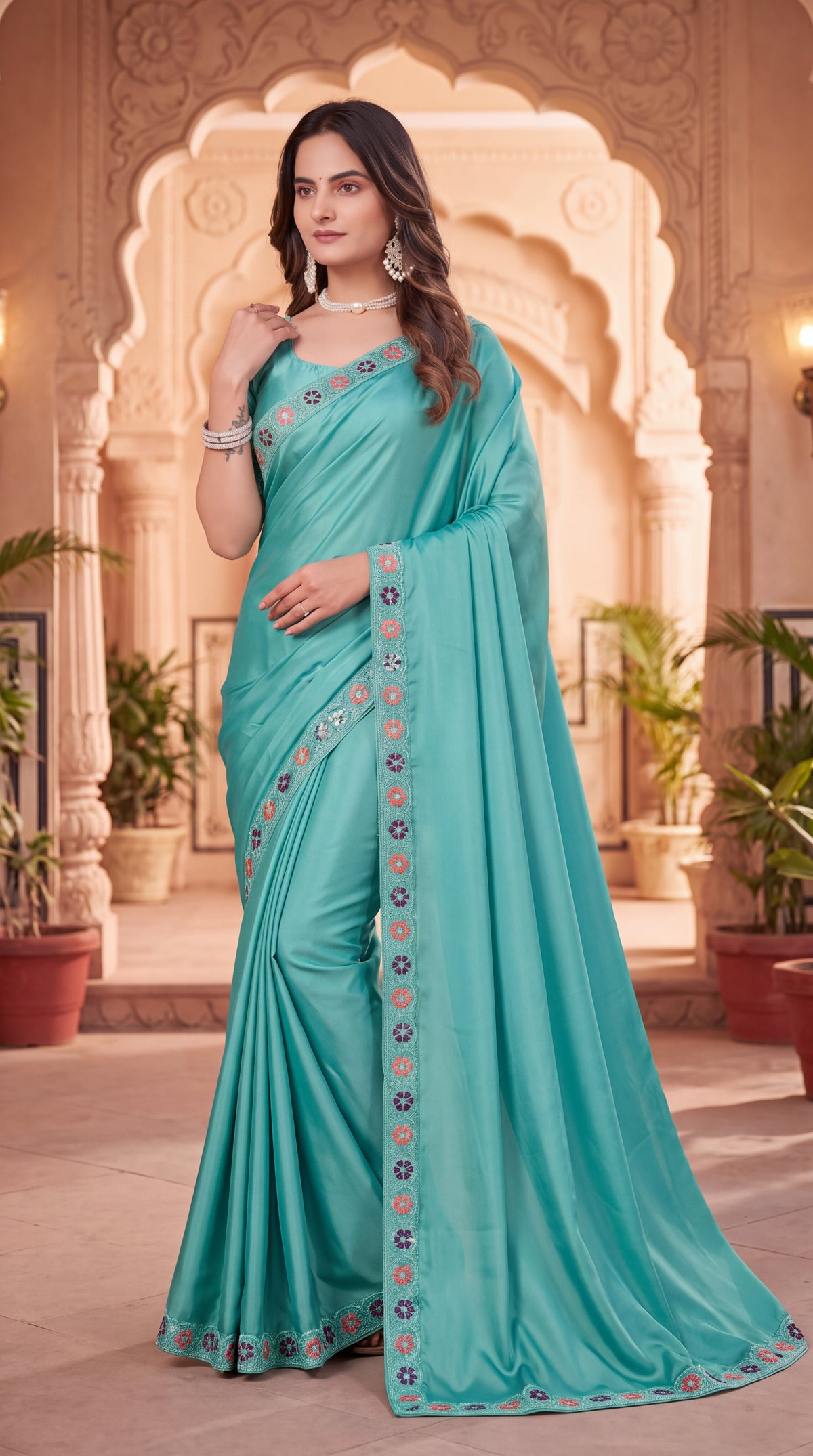 Festive Floral Satin Embroidered Saree