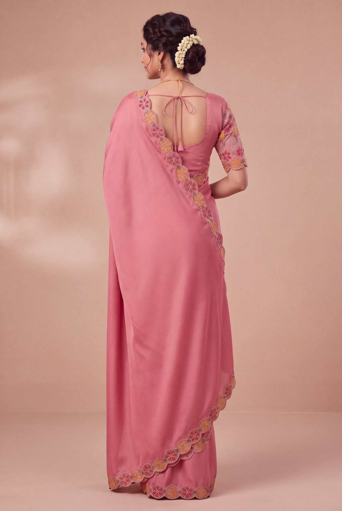 Designer Luxe Multicolour Embroidered Satin Saree