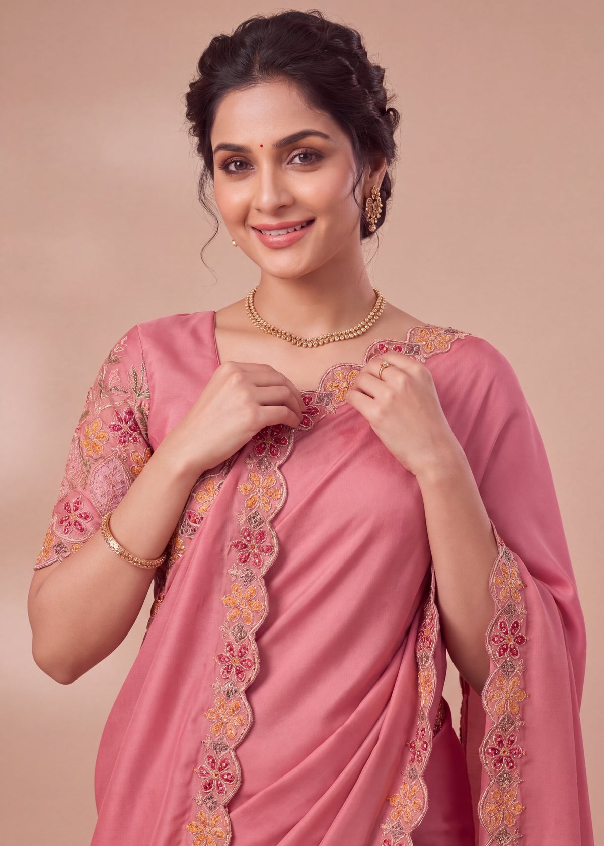 Designer Luxe Multicolour Embroidered Satin Saree