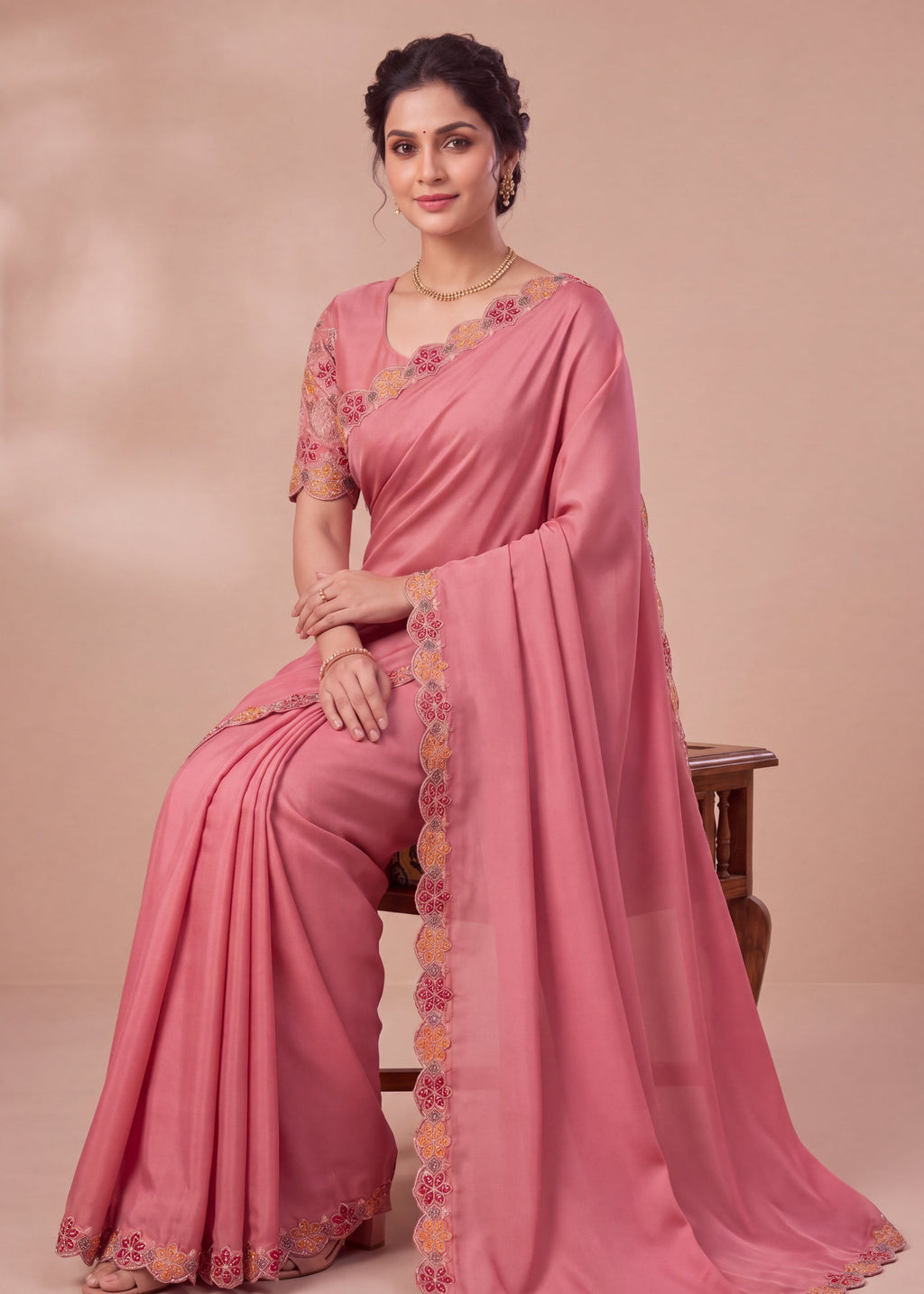 Designer Luxe Multicolour Embroidered Satin Saree