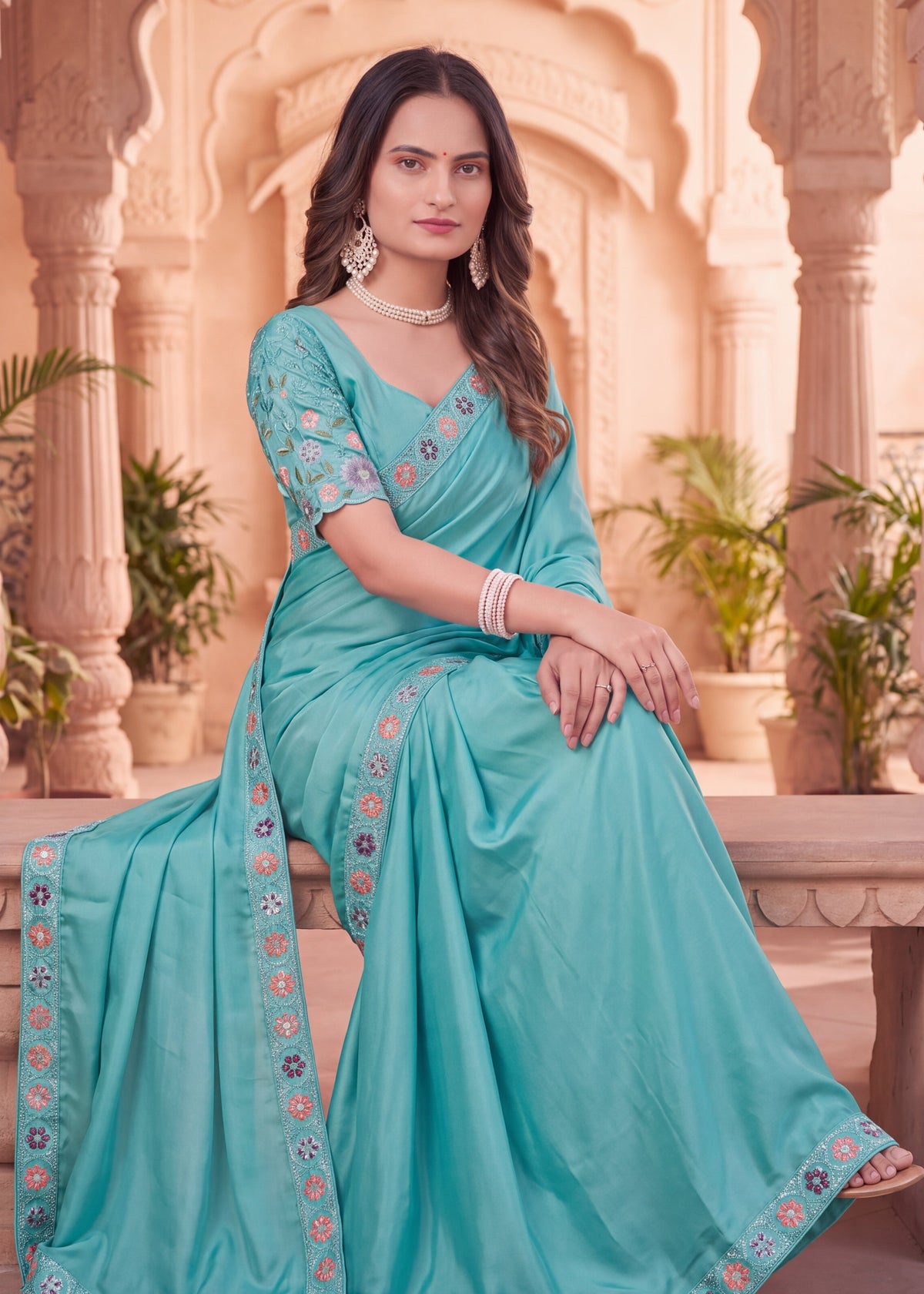 Festive Floral Satin Embroidered Saree