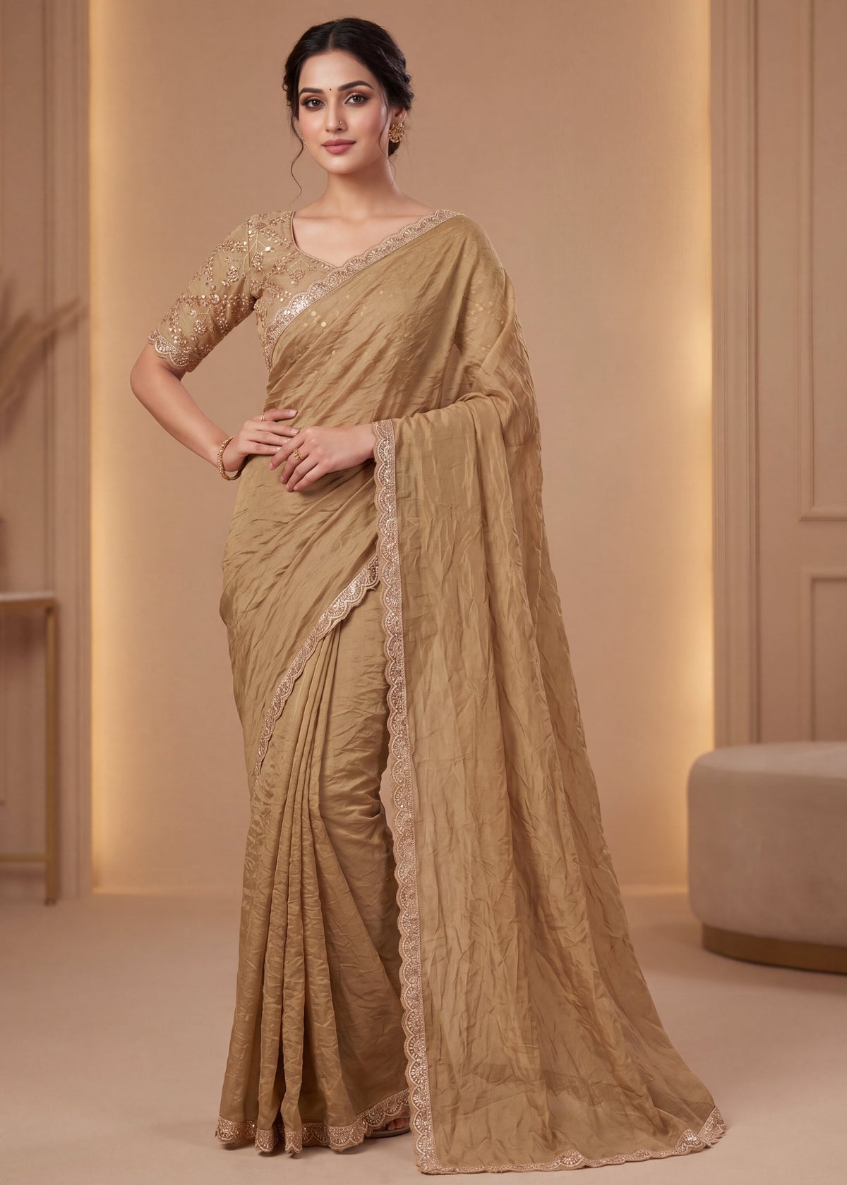 New Elegant Two-Tone Gold Crush Fancy Saree