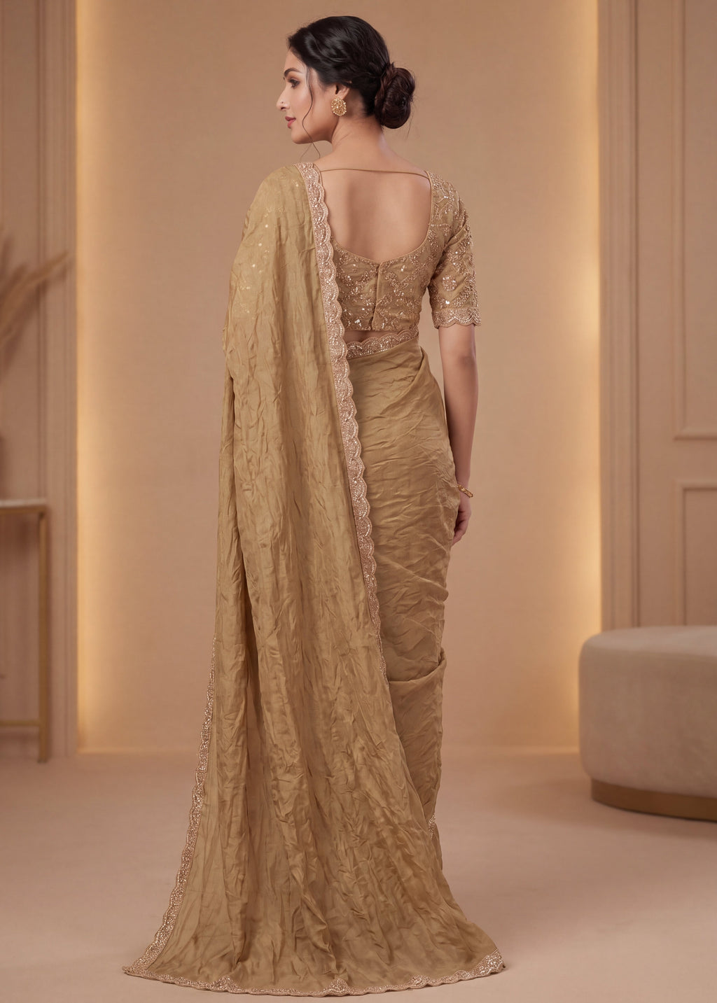 New Elegant Two-Tone Gold Crush Fancy Saree
