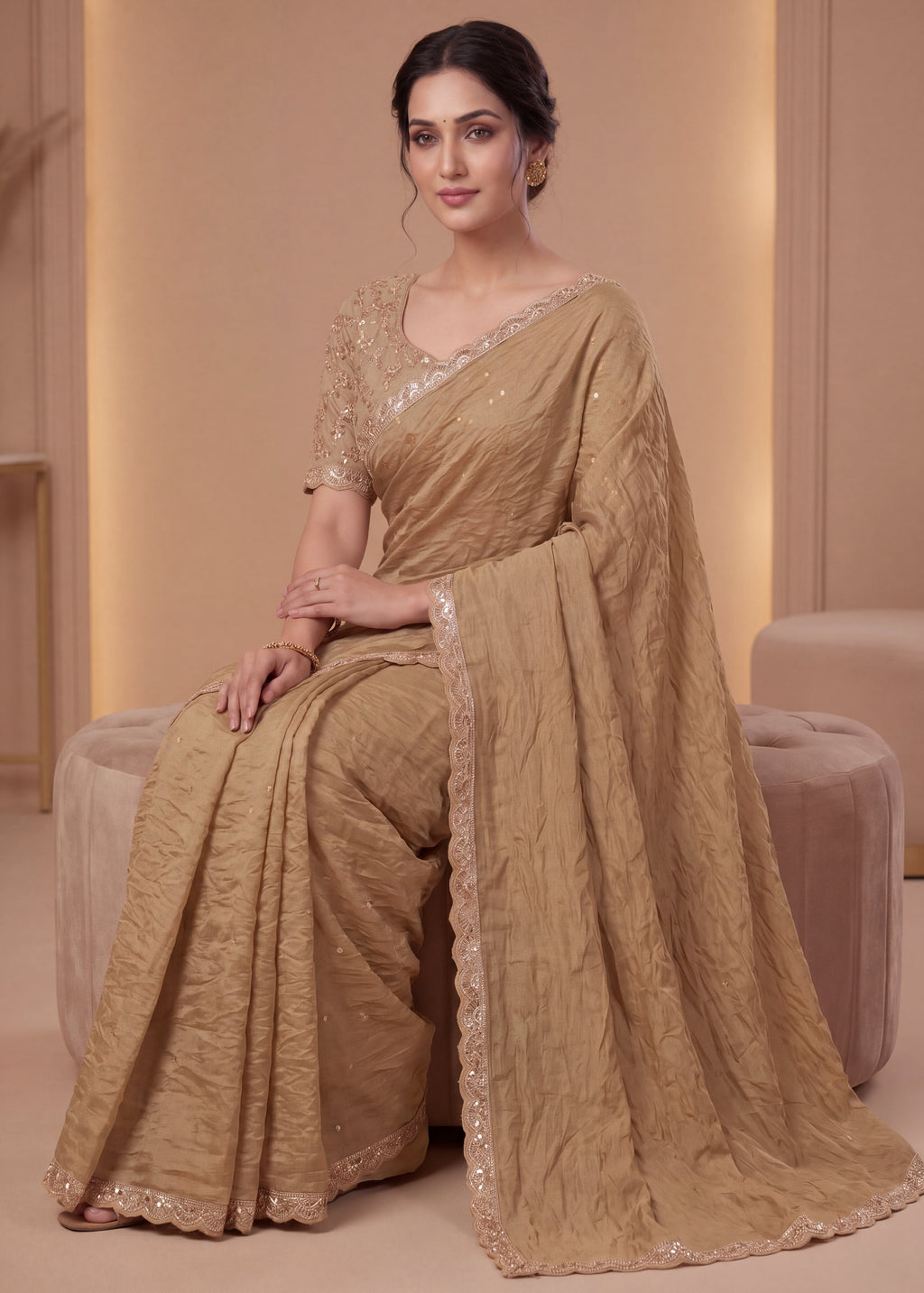 New Elegant Two-Tone Gold Crush Fancy Saree