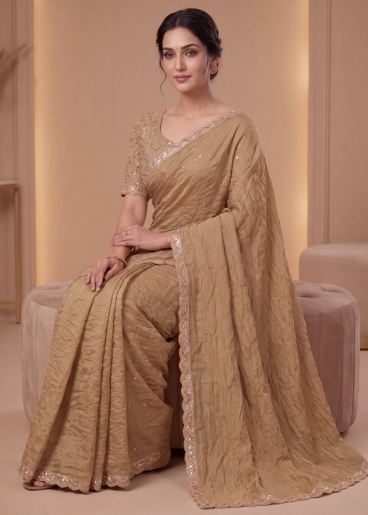 New Elegant Two-Tone Gold Crush Fancy Saree
