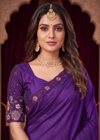 Stylist Party Wear Floral Satin Embroidered Saree
