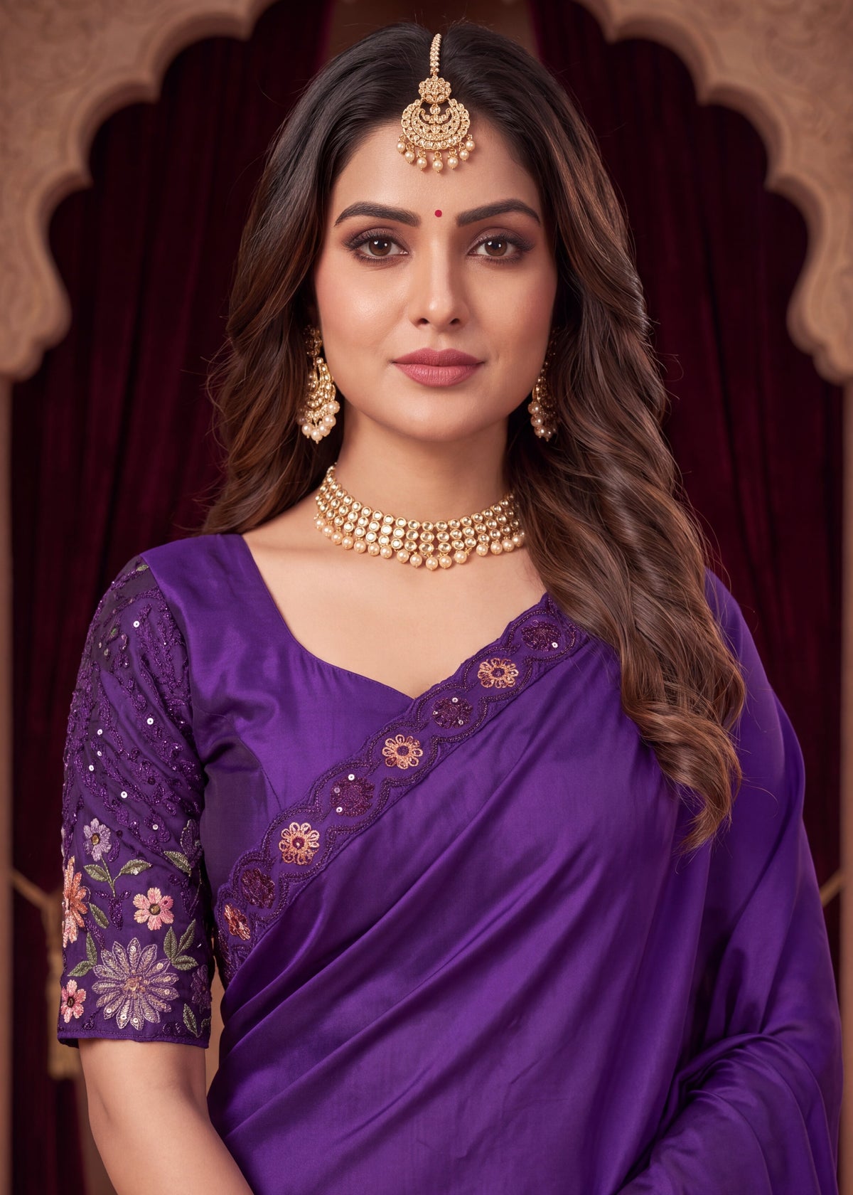 Stylist Party Wear Floral Satin Embroidered Saree