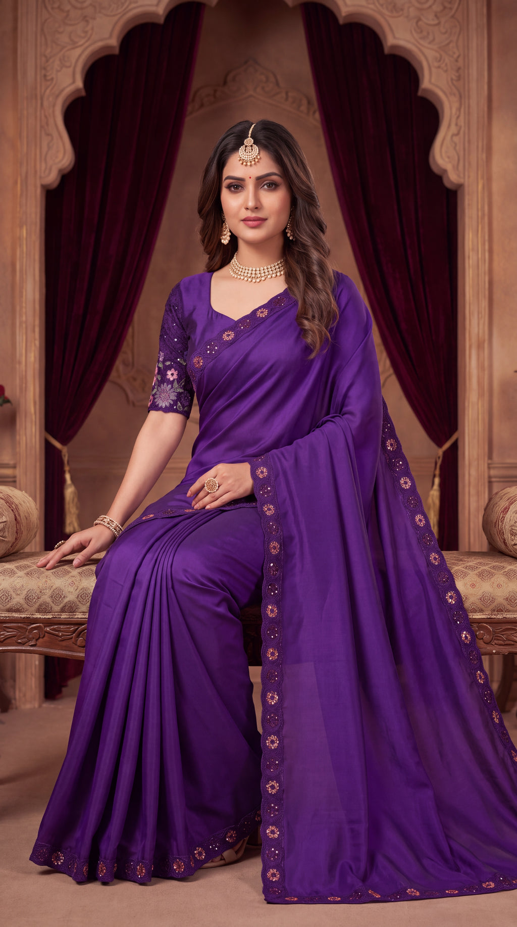 Stylist Party Wear Floral Satin Embroidered Saree