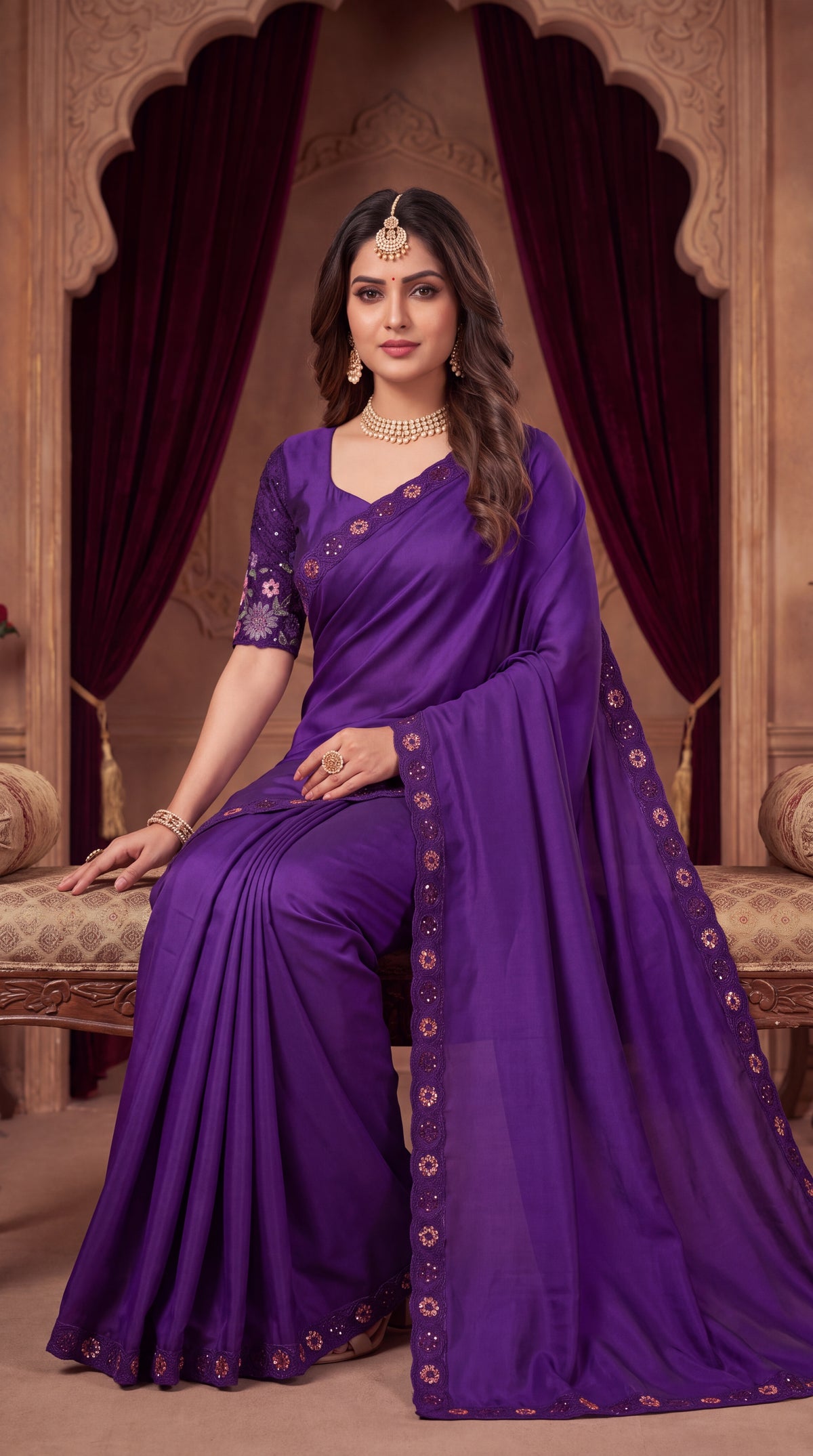 Stylist Party Wear Floral Satin Embroidered Saree