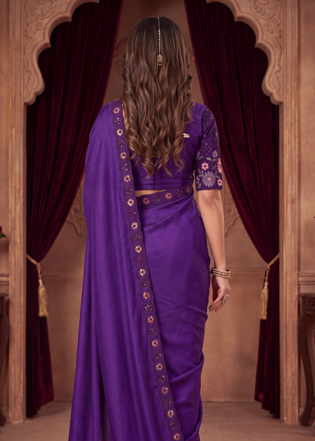 Stylist Party Wear Floral Satin Embroidered Saree