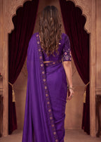Stylist Party Wear Floral Satin Embroidered Saree