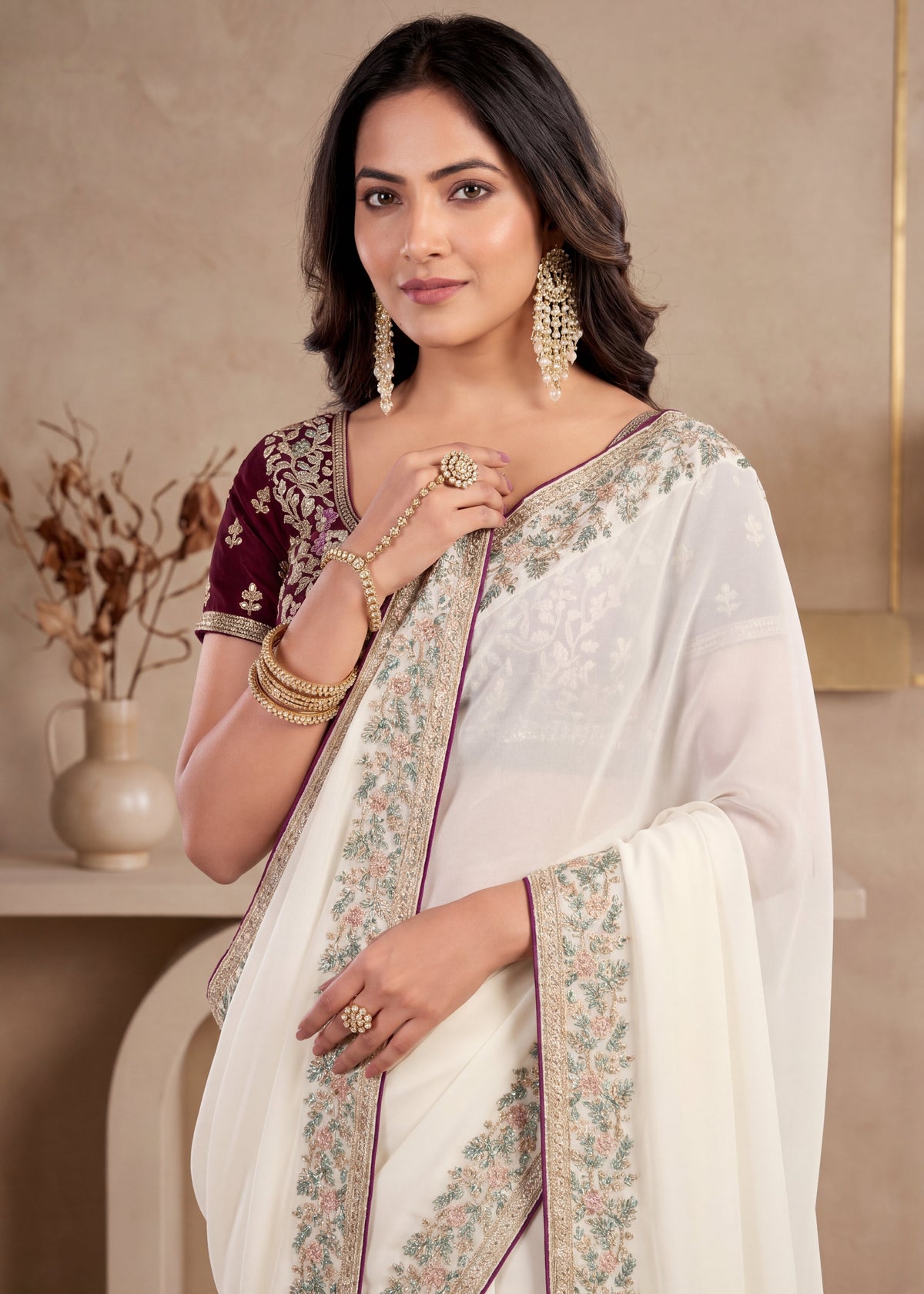 White Traditional Rangoli Chiffon Saree