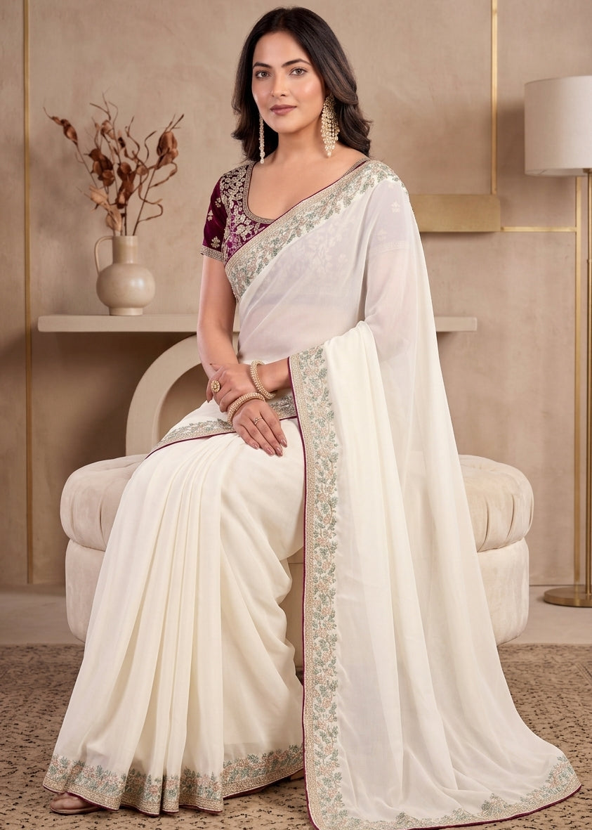 White Traditional Rangoli Chiffon Saree
