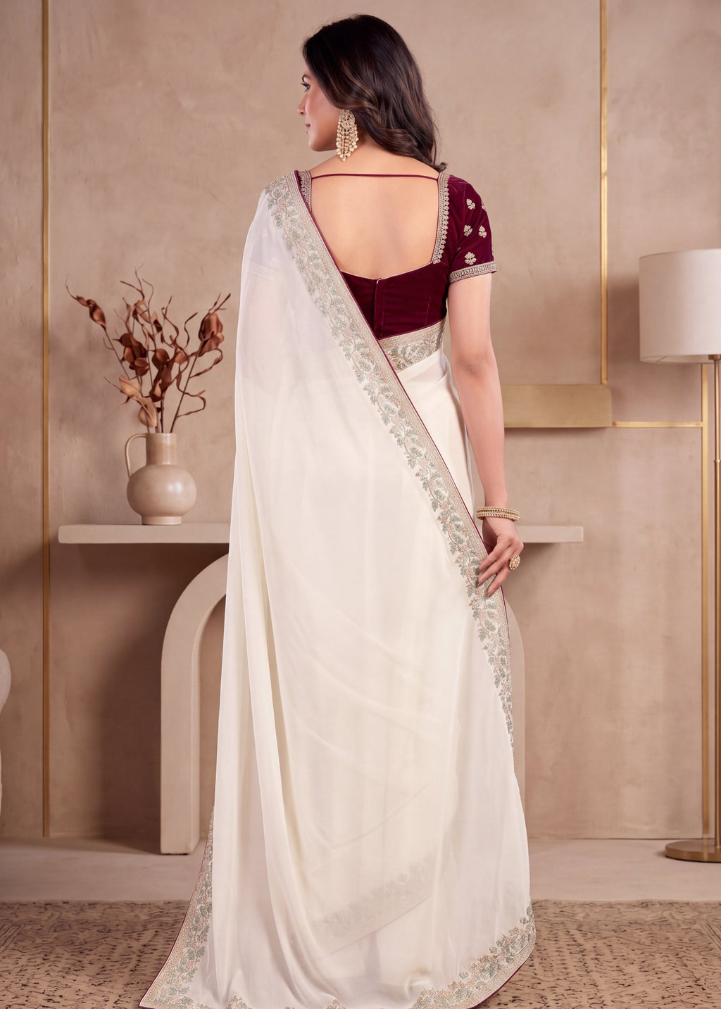 White Traditional Rangoli Chiffon Saree