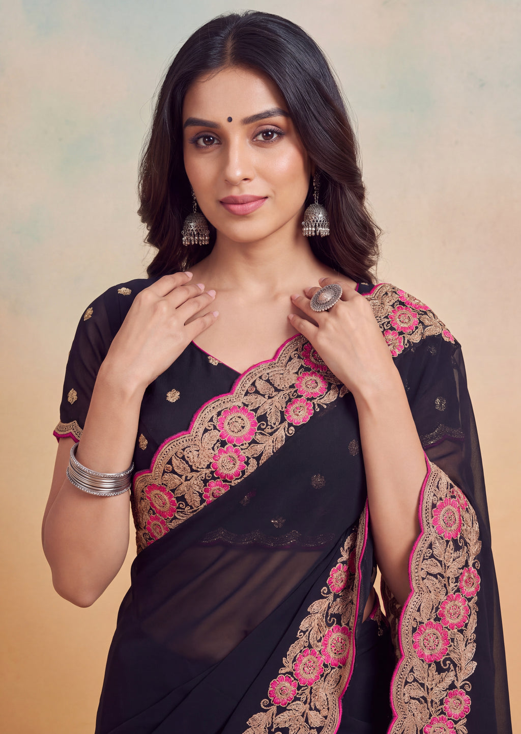 Floral Embroidered Cutwork Elegant Georgette Saree