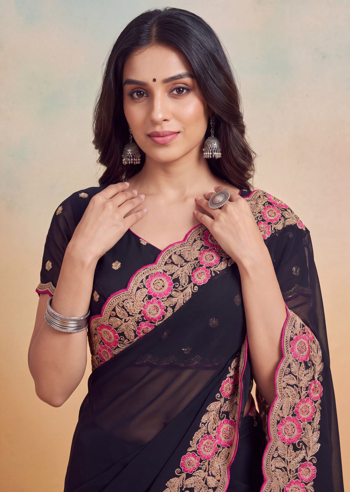 Floral Embroidered Cutwork Elegant Georgette Saree