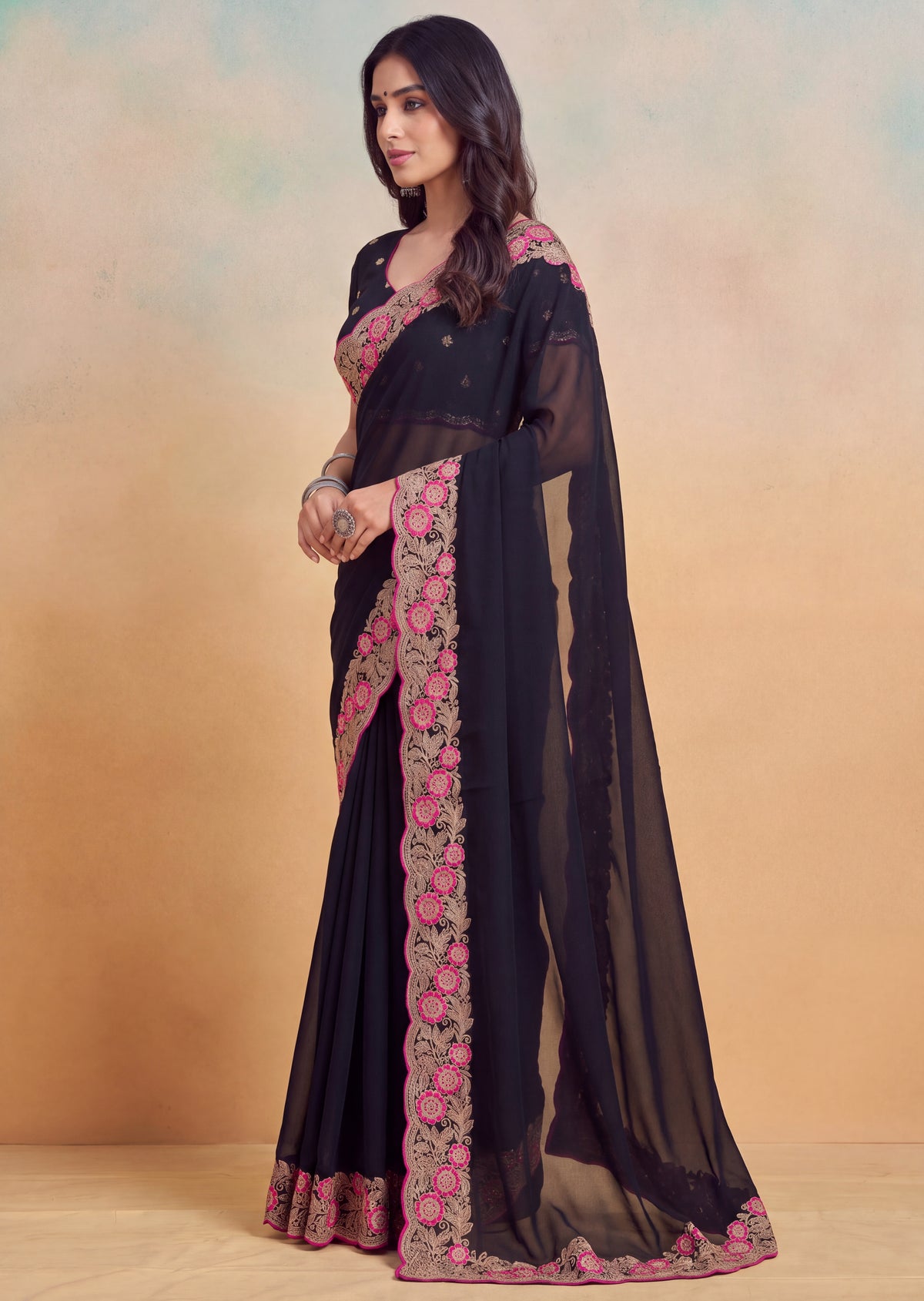 Floral Embroidered Cutwork Elegant Georgette Saree