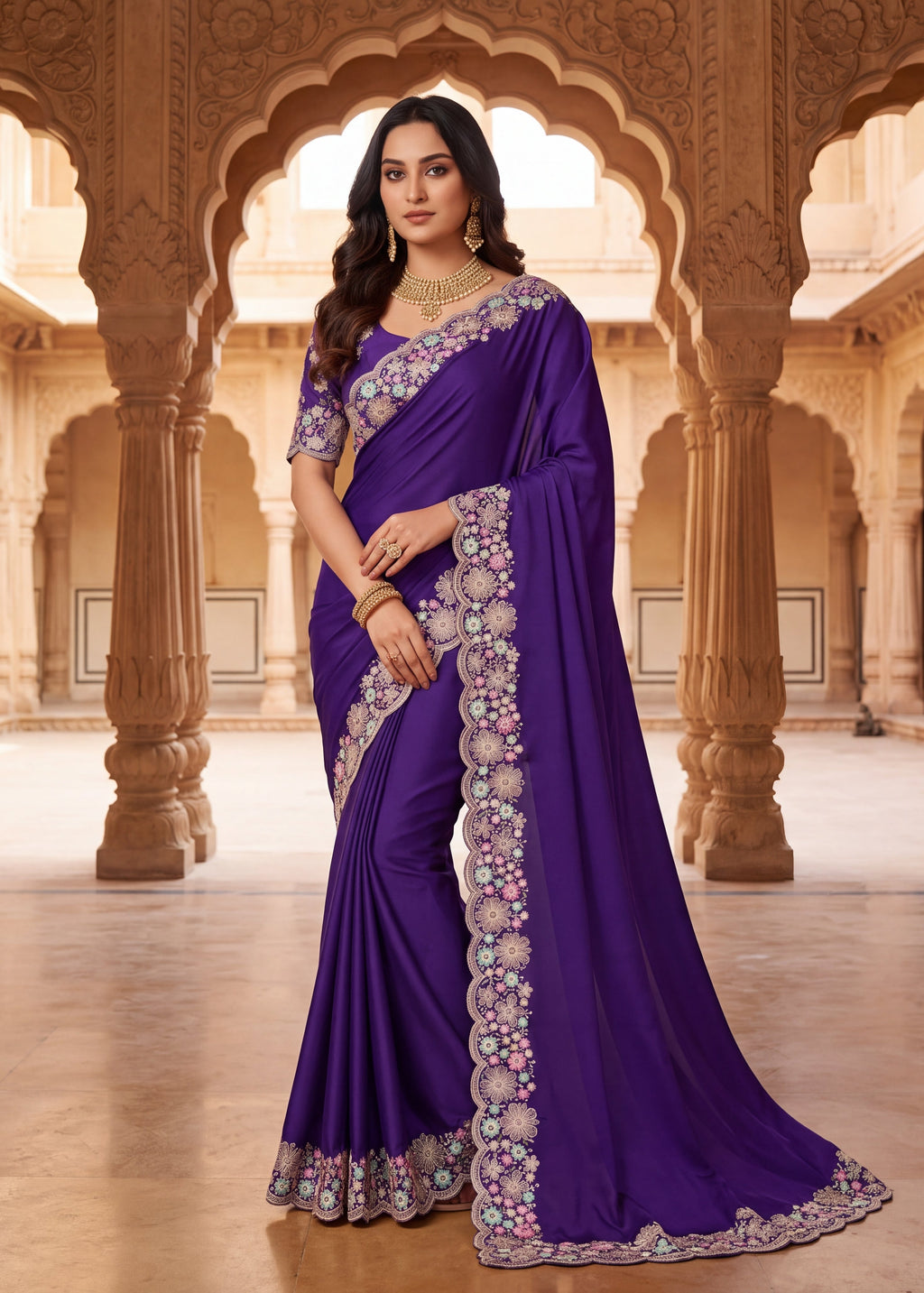 Mauve Floral Embroidered Designer Saree