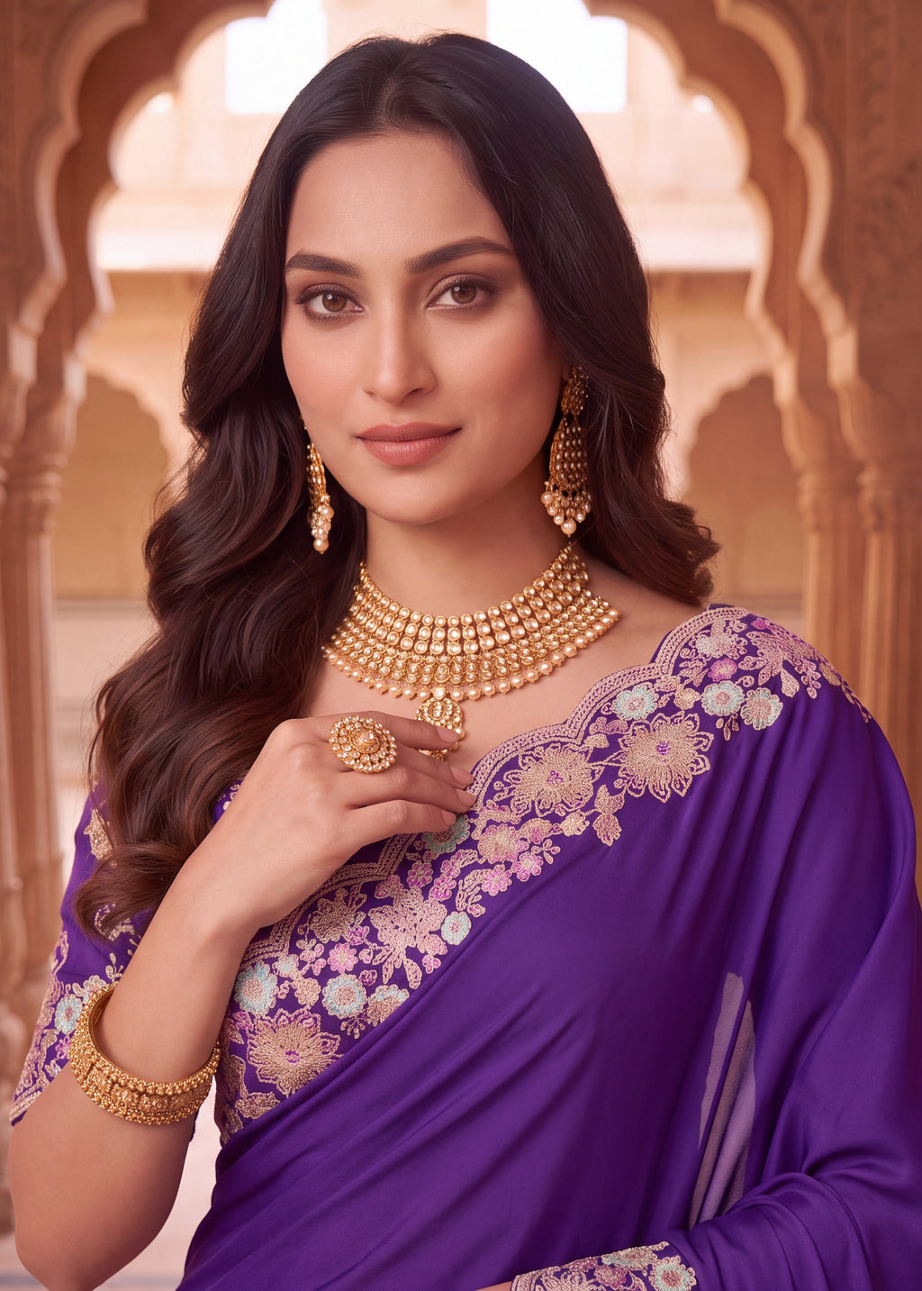 Mauve Floral Embroidered Designer Saree