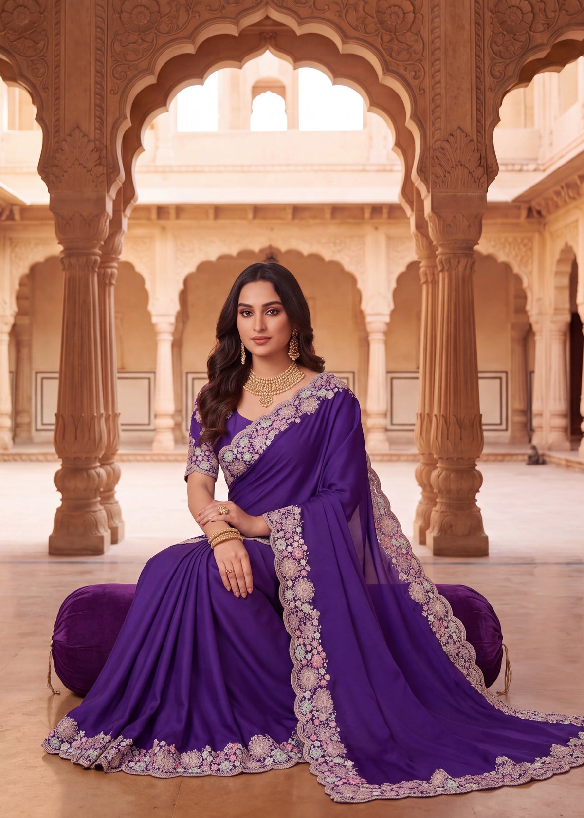 Mauve Floral Embroidered Designer Saree